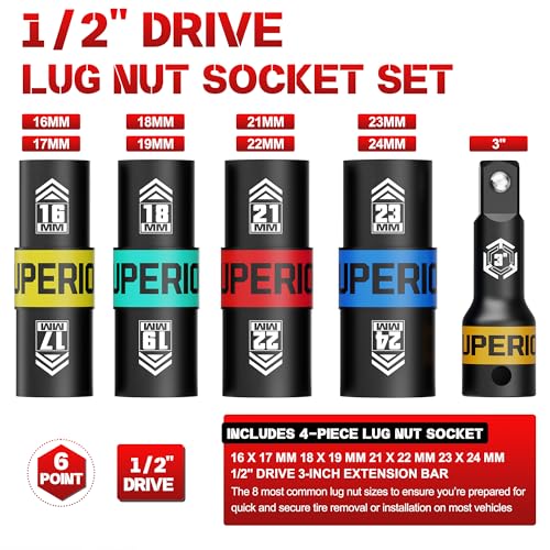 Image of 1 /2 inch Drive Lug Nut Socket Set, 16-24 mm Flip Socket Set, 5 Pcs Thin Wall Nut Sockets with 3 inch Extension Bar, Remove Bloated Warped, Damaged Lug Nuts