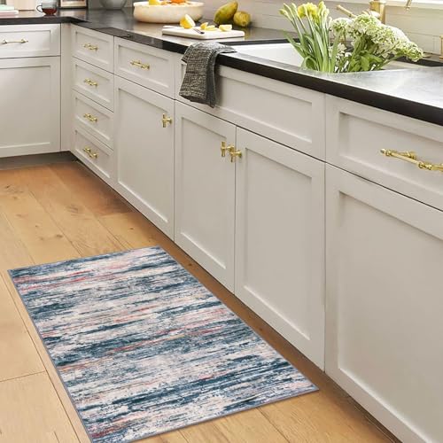 2x3 Teal Blue Peach Gray Multi Modern Abstract Rug for Entryway, Super Soft Small Washable Area Rugs, Non-Slip Low-Pile Mat Carpet for Kitchen, Bedside, Indoor Door Mat