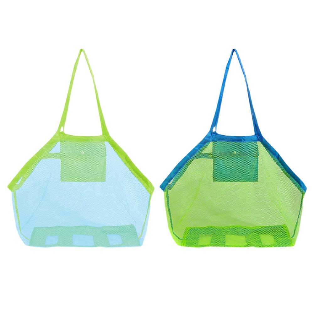 HANDA 2 Pack Mesh Beach Bag, Extra Large Foldable Beach Toy Bag Away from Sand Beach Sand Toy Totes for Holding Shell Beach Toys Sand Toys Kids Sand Toys Sea Shell Bag Beach Pool Gear (Green+Blue)
