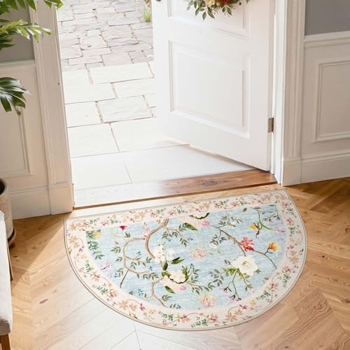 jinchan 2x3 Washable Half Circle Entryway Rug Vintage Botanical Blue/Pink