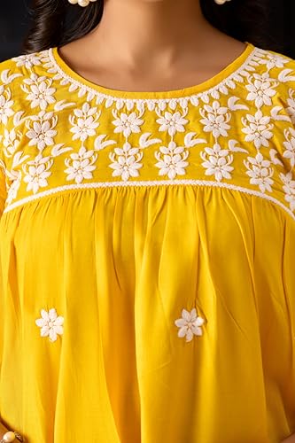 Image of Sidhidata Rayon Floral Embroidered Short Kurti | Short Anarkali Kurti for Girls | Women's Casual Sleeveless Printed Top | Tops for Women (Kurti Myra)