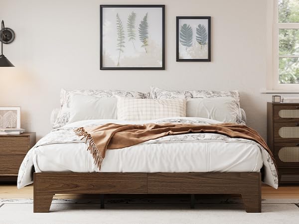 Full Size Wood Bed Frame,Platform Nature Bed with Strong Wooden Slats,No Box Spring Needed,Minimalist Bedroom Furniture,Contemporary Wooden Bed Frame,