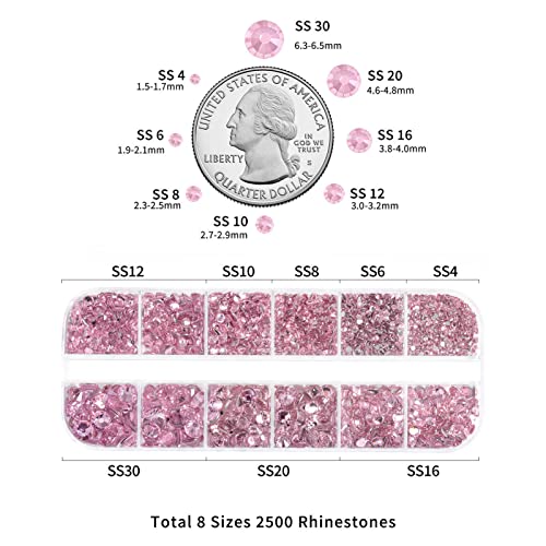Image of Beadsland Rhinestones for Makeup,8 Sizes 2500pcs Pink Flatback Rhinestones Face Gems for Nails Crafts with Tweezers and Wax Pencil,Light Pink,SS4-SS30