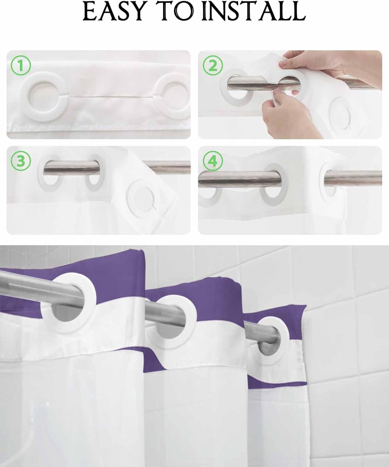 ALAGEO Shower Curtain with Snap-in Fabric Liner Set Purple and White Stripes No Hook Shower Curtain with Mesh Top Window Striped Simple Style Shower Curtains Waterproof 72x78