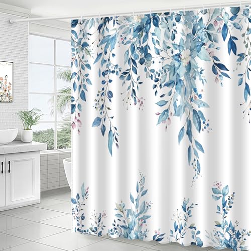 Image of Eucalyptus Shower Curtain, Aesthetic Art Watercolor Plant Leaves with Floral Bathroom Decor, Waterproof Fabric Cloth Bath Curtain Set with Hooks (Blue, 72 inch W x 72 inch L)