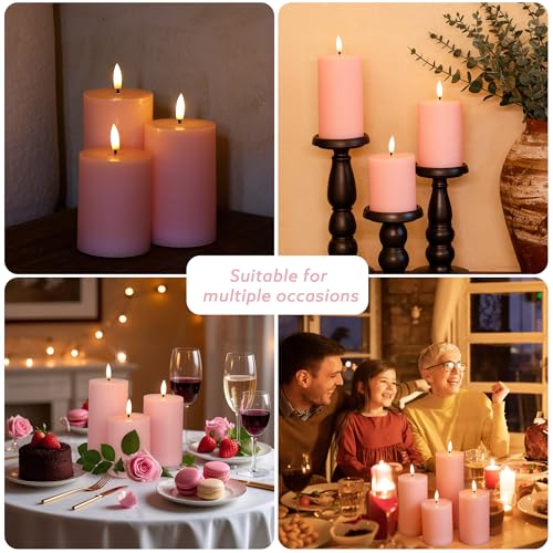 Image of Pink Flameless Pillar Candles, Real Wax Battery Operated Candles with Remote, Flat Top Flickering Flameless Candles, LED Candles for Home Party Wedding Romantic Night Decor, Set of 3