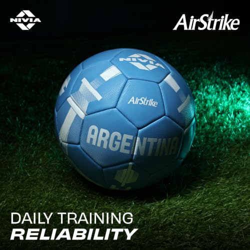 Image of Nivia Airstrike Football (Argentina) Training Ball, 32 Panels, Butyl Bladder, Made for Beginners, to Play On Both Natural and Artificial Grass (Blue, Size-5)