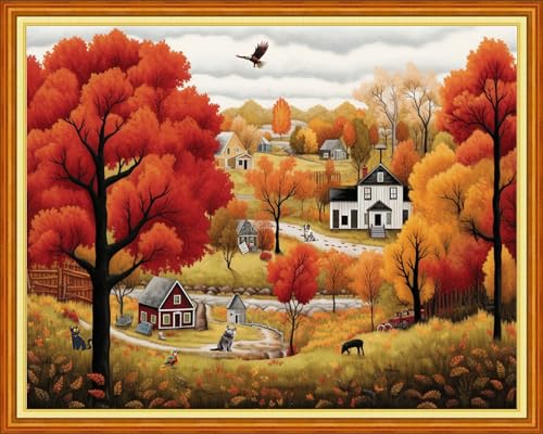 Image of Dimensean Stamped Cross Stitch Kits Full Range of Embroidery Patterns Starter Kits for Beginners Adult DIY Cross Stitches Needlepoint Kits 11CT-Late Autumn 16x20 inch