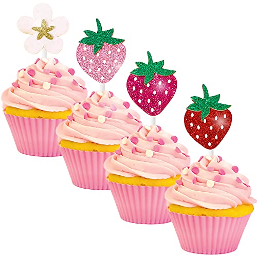 25Pcs Berry Sweet Birthday Party Decorations,Strawberry Theme Cake Cupcake Toppers For Summer Fruit Themed Party Food Picks Supplies #TOP4