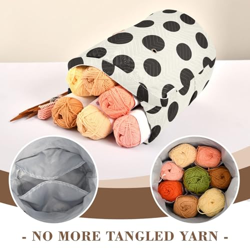 Image of Tatenale Crochet Bag Yarn Bag Knitting Project Bag with Pockets and Handle Portable Yarn Storage Organizer Tangle Free 8.3x11 Inch Black and White Polka Dots