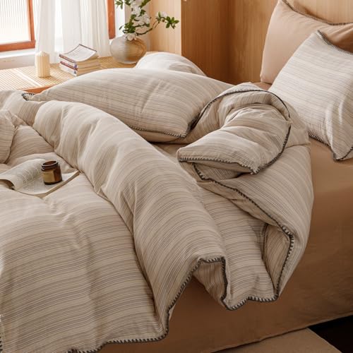 Image of VM VOUGEMARKET 100% Linen Cotton Duvet Cover Set Queen 3pcs Yarn Dyed Vertical Pinstripe Ticking Pattern Breathable Farmhouse Bedding Set - Purple Yellow Stripe, Queen Size