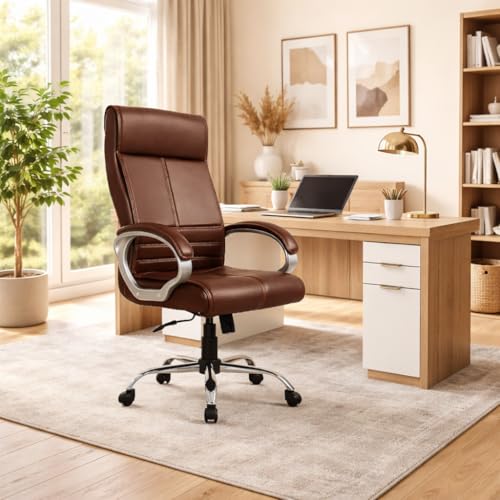 Image of INNOWIN Phantom High Back Leatherette Office Chair with 3 Years Limited Warranty | Ergonomic Leather Orthopedic Executive Boss Chair with Spacious Cushioned Seat | Heavy Duty Metal Base | Brown