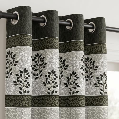 Image of Home Sizzler 2 Pieces Dual Tone Botanical Print Polyester Semi- Transparent Eyelet Door Curtains- 7 Feet, Green