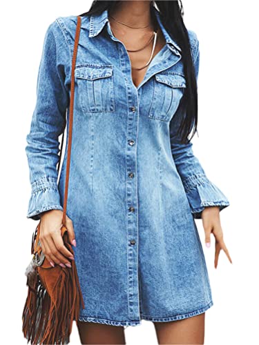 ORANDESIGNE Damen Denim Hemdkleid Jeanskleid Tunika Denim Minikleid Jeanskleid Kurzarm Einfarbig Button-Down Revers Freizeitkleider Sommer...