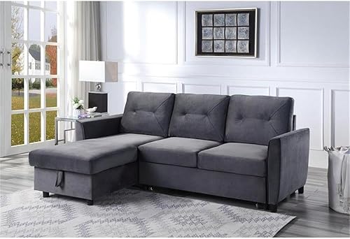 Miniatura 57 de BOWERY HILL Sofá cama reversible/seccional de lino gris acero con almacenamiento para espacio pequeño Gris,Beige,Negro