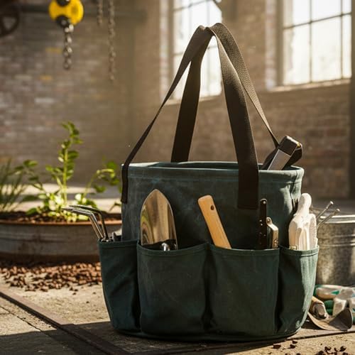8 Pockets Canvas Tool Organizer Folds Flat to 3-Inch, Reusable Grocery Storage Tote for Garden/Home/Outdoor/Car, 13.5" D x 12.5" H | Dark Green - Thumbnail 4
