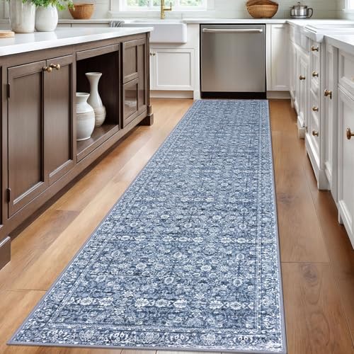 2.6x12 Blue Washable Runner Rug for Kitchen, Soft Classic Runner with Non-Slip, Non-Shedding Distressed Floral Rug for Hallways Entryway Bedroom Bathroom Laundry Indoor