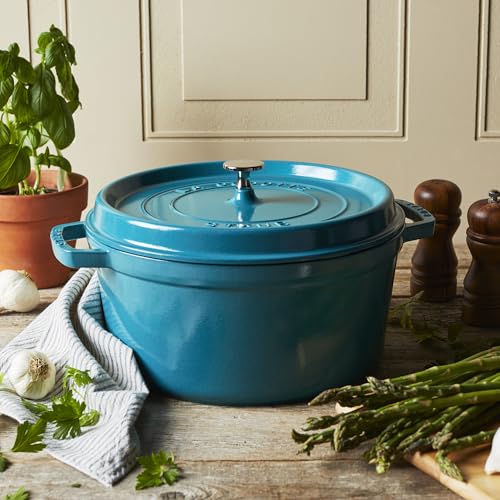 Image of STAUB Cast Iron Round Cocotte, Dutch Oven, 4-quart, serves 3-4, Made in France, Turquoise