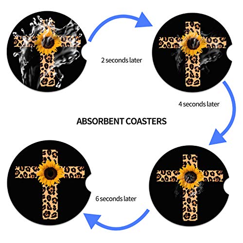 Car Coasters 2 Pack, Small 2.56" Absorbent Ceramic Coaster for Car, Keep Cup Holders Clean and Dry, Auto Coasters Set for Women Men Cup Holder, Leopard Print Cross with Sunflower Style Car Coasters - image 6