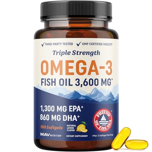 Triple Strength Omega 3 Fish Oil 3600 mg | EPA & DHA | Over 2100mg Omega-3 Fatty Acids | 1300mg EPA + 860mg DHA | Best Essential Fatty Acids | Premium Wild Caught & Burpless Fish Oil | 180 Ct