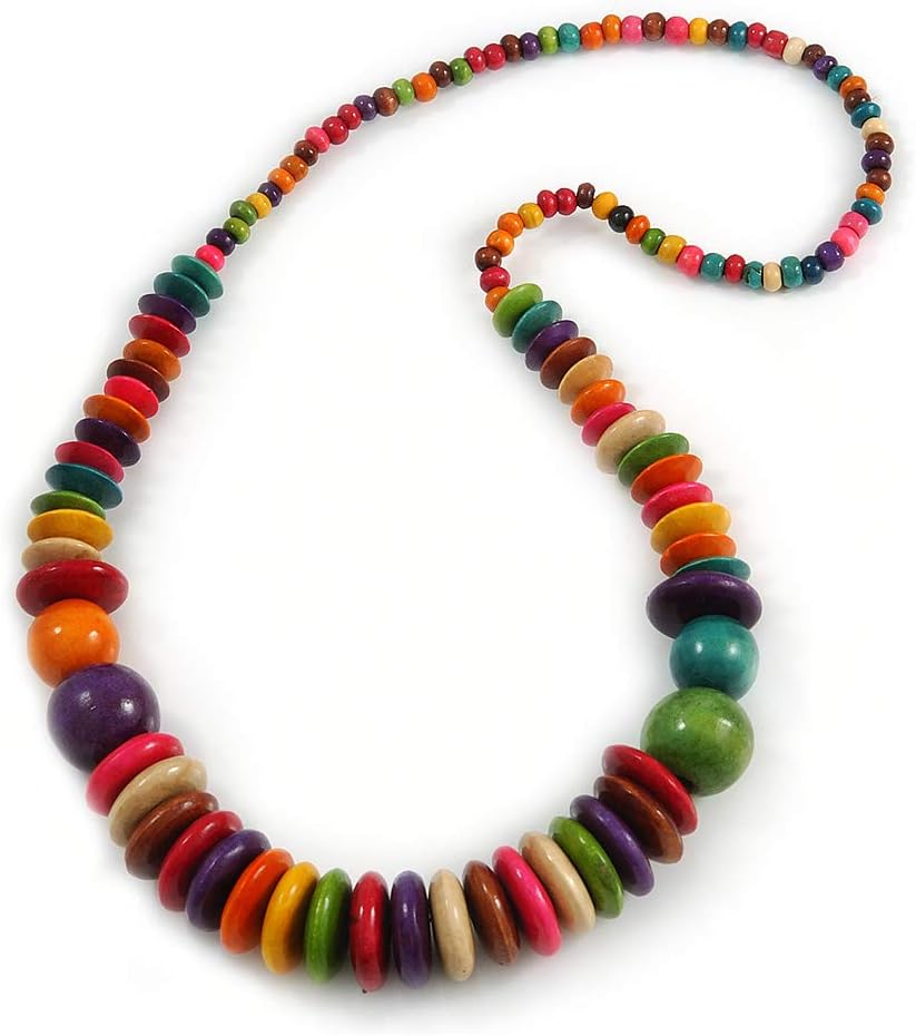 Avalaya Multicoloured Button and Round Wood Bead Necklace - 70cm Long