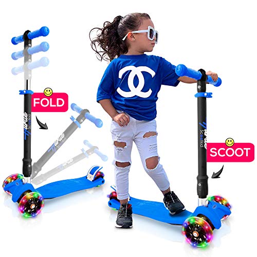 Hurtle 3 Wheeled Scooter for Kids - Stand & Cruise Child/Toddlers Toy Folding Kick Scooters w/Adjustable Height, Anti-Slip Deck, Flashing Wheel Lights, for Boys/Girls 2-12 Year Old HUFS88B (Blue)