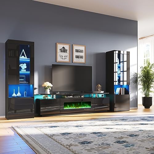 AMERLIFE Entertainment Center with Fireplace and Bookcases, Includes 80" 2-Tier Fireplace TV Stand with 40" Fireplace, 2 x High Gloss Bookshelves with LED Lights & Glass Doors, Obsidian Black - Thumbnail 2