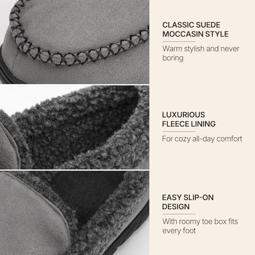 Image of Men's Moccasin House Slippers Memory Foam Suede Plush Indoor Bedroom Shoes | Fuzzy Non-Slip Warm Winter Comfy Cowboy Slippers for Indoor Outdoor Home Dad Husband Grandpa Gifts Black Brown Grey