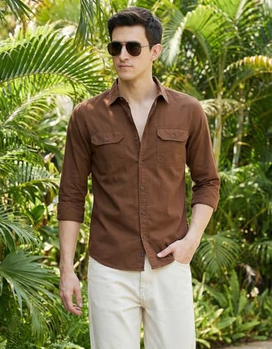 Image of IndoPrimo Men's Cotton Shirt with Stylish Flap Pockets Full Sleeves Spread Collared Neck Solid Pattern Western Style Classic Fit and Standard Length