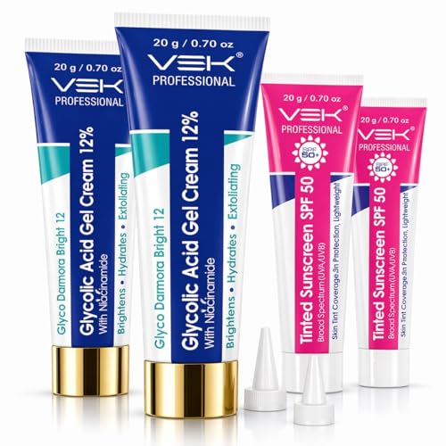 Image of VSK Professionals12% Glycolic Acid Cream Gel for Brightning, Anti-Pigmentation & Melasma Acne, Pimples & Dark Spots | Unclogs Pores, Smooth Skin Care With PDRN SPF50 Sunscreen Combo | 4 Tubes 20g each (80grm)