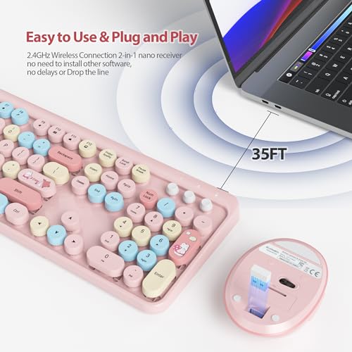 Image of Fogruaden Pink Keyboard and Mouse Wireless, Retro Typewriter Keyboard, 2.4GHz 104 Keys Full Size Cute Keyboard with Number Pad, Pink Colorful Keyboard with Retro Round Keycaps for Windows PC Laptop