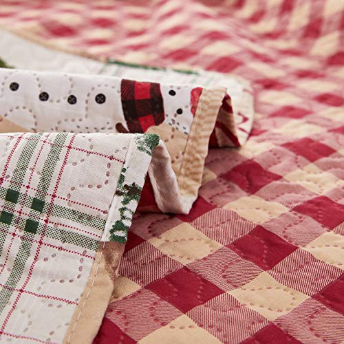 Christmas Quilt Set King Size Red Green Plaid Patchwork Quilt Set Lightweight Bedspread Coverlet Snowman Pattern Bedding Bed Set Gift for Kids Girls Adults,1 Quilt,2 Pillow Shams