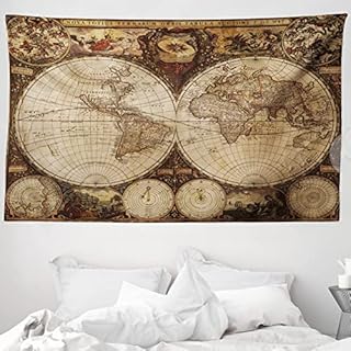 ABAKUHAUS World Map Tapestry, Old World Map Drawn in 1720s Nostalgic Style Art Historical Atlas Vintage Design, Fabric Wall Hanging Decor for Bedroom Living Room Dorm, 90 W X 54 L, Multicolor