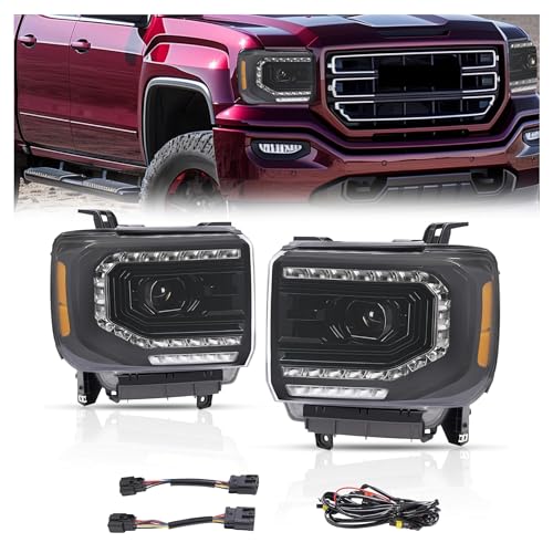 HECASA Pair Projector Headlight w/C-Shape LED Tube Compatible with 2014-2018 GMC Sierra 1500 | 2015-2019 GMC Sierra 2500 HD/3500 HD DRL Front Lamp Headlamp Clear Lens Black Housing