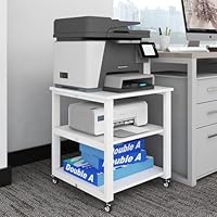 PUNCIA 3-Ebene Druckertisch mit Universalrollen mobiler Druckerständer aus Holz & Metall Druckerwagen Stauregal 50x50x50cm bis zu 70 kg belastbar weiß für Büro Zuhause Office Schule