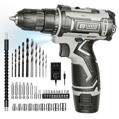 Image of 12V Cordless Drill Driver Kit, 2-Speed 0-1600 RPM, 25+1 Torque, 3 /8 inch Keyless Chuck, LED Light, Battery & Charger, Drill Bits Set, for Wood /Metal /Plastic DIY Projects, Home Repair