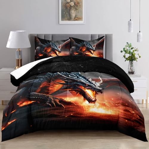 Raphus cucullatus 3D Dragon Cartoon Queen Bedding Sets for Boys,Dragon Comforter Set Queen Size,Dragon Bedding Set Queen,Boys Bedding Sets Queen,Ancient Wild Animal Dragon Pattern Bedding Set