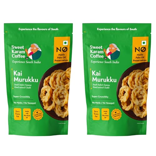 Image of Sweet Karam Coffee Kai Murukku - Pack of 2 (150g each) | No Palm Oil & Preservatives | Authentic South Indian Hand-Twisted Chakli | Crunchy & Delicious Namkeen | Tea Time Snack | Festive Special