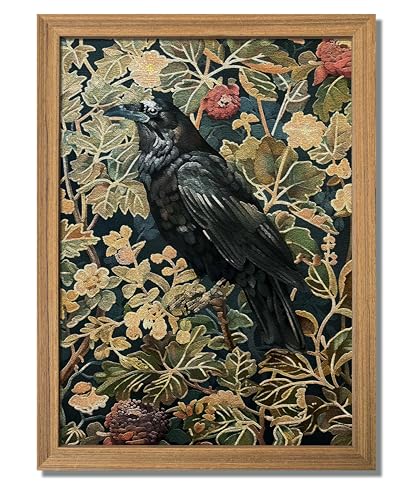 AKWISH - AKWISH Framed 3D Textured Vintage Wall Art - Dark Academia Decor Hand Drawn Sandstone Black Crow Paintings with Botanical Florals, Aesthetic Wall Decor for Living Room Bedroom Home 12x16 inch