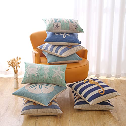 Image of TRENDIN Coastal Pillow Cover 12x20 inches Turtle Starfish Seahorse Beach Decorations for Home Word Linen Lumbar Throw Pillow Cover for Sofa Couch PL947TR