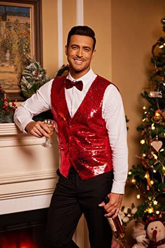 Coofandy Men's Slim Fit Shiny Sequins Vest Waistcoat For Party,Wedding,Christmas,Nightclub Red Large #TOP2