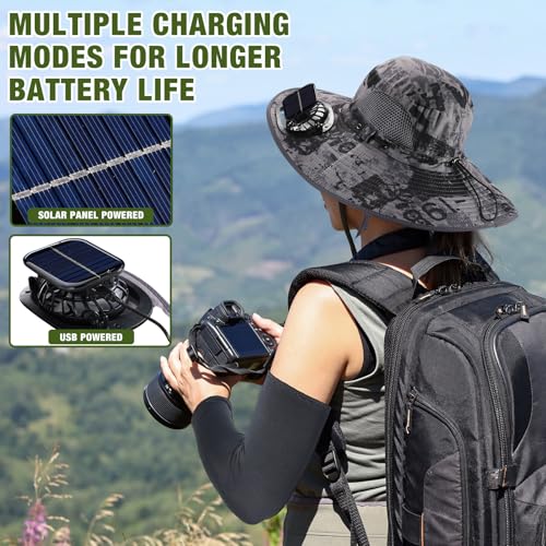 Image of Syhood 2 Set Solar Fan Hats with Neck Gaiters and Arm Sleeves, Wide Brim Fishing Hats for Men Women Outdoor Camping Gardening