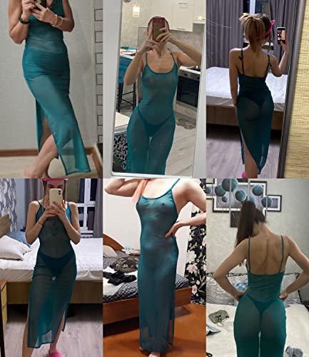 Image of Suillty Women Mesh Sheer Spaghetti Strap Long Maxi Dress Sexy Sleeveless Backless Beach Swimsuit Cover Ups Party Club Dresses