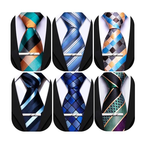 Image of Barry.Wang Mens 6 PCS Ties Silk Striped Paisley Check Floral Necktie Silky Woven Wedding Business Party Ties 3.34 inch