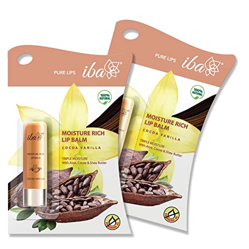 Image of Iba Pure Lips Moisture Rich Lip Balm - Cocoa Vanilla, 4.5 g (Pack of 2) | For Pigmented, Dry Damaged & Chapped Lips | Enriched with Cocoa Butter, Shea Butter | Glossy Finish | 100% Natural | Halal Certified & Vegan