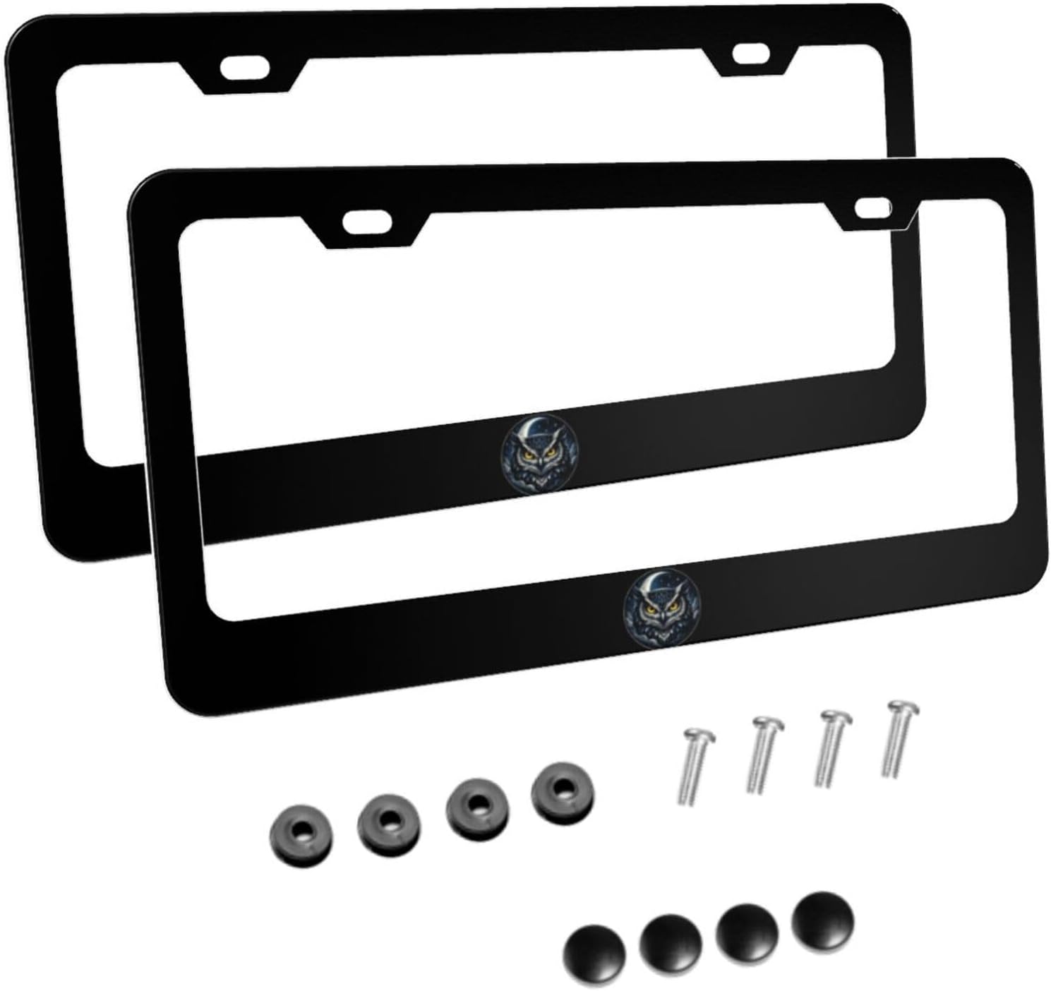 Nocturnal Guardian Owl Matte Aluminum License Plate Frame with Black Screw Caps，2pcs 2 Holes Black Licenses Plates Frames,Car Licenses Plate Covers Holders for Us Vehicles/Women/Men