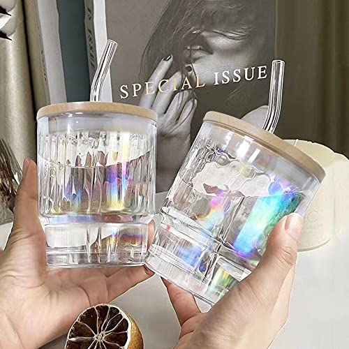 Bunhut Glass Tumbler With Straw And Lid,12Oz Wood Lid Water Bottle Iced Coffee Cup Reusable Travel Mug For Hot/Cold Drinks,Tea,Smoothie,Water Glass For Home,Office And Car (Tumbler Iridescent Dot) #TOP4