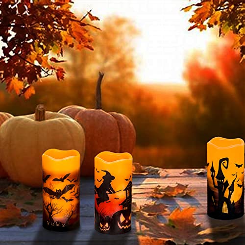 Image of 3 PCS Battery Operated Flameless Flickering Candles with 6 Hour Timer, Real Wax Electric LED Halloween Fake Pillar Candles with Castle, Witch, Bats for Indoor Kids Halloween Thanksgiving Decor