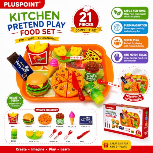 Image of PLUSPOINT Pizza Party Fast Food Set Realistic Pizza Pretend Play Barger Fries and ice Cream with Tray Food Toy | Best Gifts Food playset for Boys Girls Kids 4yr+