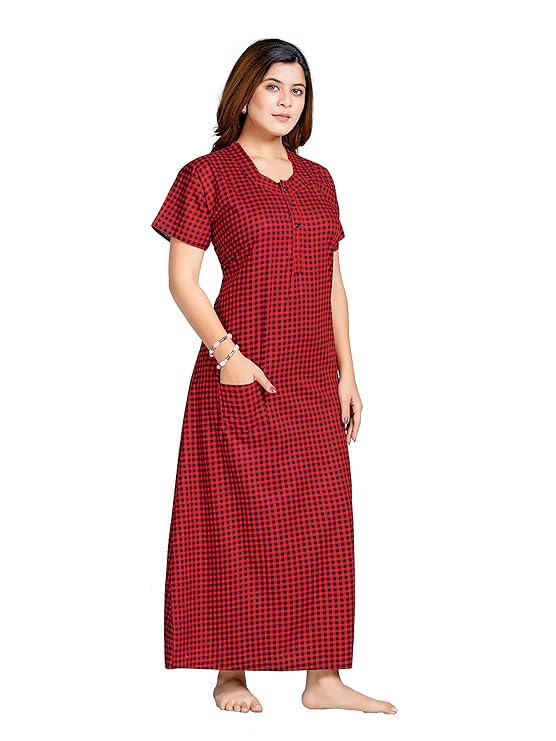 Image of Keyocean Women's Cotton Printed Nighty Night Gown Maxi Free Size (Pack of 2) Red & Blue